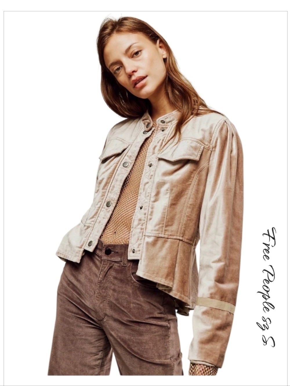 NWT Free People Ballet Racer Jacket Velvet Pleated Snap Front Champagne Tan S